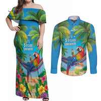 5 Oclock Somewhere Couples Matching Off Shoulder Maxi Dress and Long Sleeve Button Shirt Hawaii Parrots Cocktail Summer Beach Vibe - Polynesian Pride