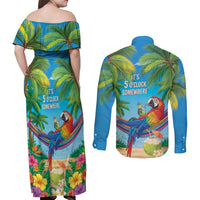 5 Oclock Somewhere Couples Matching Off Shoulder Maxi Dress and Long Sleeve Button Shirt Hawaii Parrots Cocktail Summer Beach Vibe - Polynesian Pride