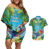5 Oclock Somewhere Couples Matching Off Shoulder Short Dress and Hawaiian Shirt Hawaii Parrots Cocktail Summer Beach Vibe LT9 Blue - Polynesian Pride