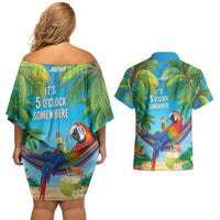 5 Oclock Somewhere Couples Matching Off Shoulder Short Dress and Hawaiian Shirt Hawaii Parrots Cocktail Summer Beach Vibe LT9 - Polynesian Pride