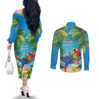 5 Oclock Somewhere Couples Matching Off The Shoulder Long Sleeve Dress and Long Sleeve Button Shirt Hawaii Parrots Cocktail Summer Beach Vibe - Polynesian Pride