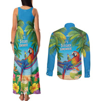 5 Oclock Somewhere Couples Matching Tank Maxi Dress and Long Sleeve Button Shirt Hawaii Parrots Cocktail Summer Beach Vibe - Polynesian Pride