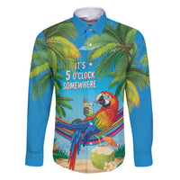 5 Oclock Somewhere Family Matching Mermaid Dress and Hawaiian Shirt Hawaii Parrots Cocktail Summer Beach Vibe LT9 Dad's Shirt - Long Sleeve Blue - Polynesian Pride