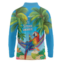 5 Oclock Somewhere Long Sleeve Polo Shirt Hawaii Parrots Cocktail Summer Beach Vibe - Polynesian Pride