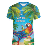 5 Oclock Somewhere Women V-Neck T-Shirt Hawaii Parrots Cocktail Summer Beach Vibe - Polynesian Pride
