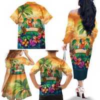 5 Oclock Somewhere Personalized Family Matching Off The Shoulder Long Sleeve Dress and Hawaiian Shirt Hawaii Parrots Plumeria Summer Vibe - Polynesian Pride