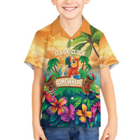 5 Oclock Somewhere Personalized Family Matching Off Shoulder Short Dress and Hawaiian Shirt Hawaii Parrots Plumeria Summer Vibe LT9 Son's Shirt Yellow - Polynesian Pride