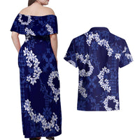 Mokihana Maile and Ilima Leis Couples Matching Off Shoulder Maxi Dress and Hawaiian Shirt Uliuli Hawaiian Tapa Quilt Pattern - Polynesian Pride