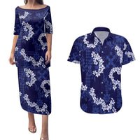 Mokihana Maile and Ilima Leis Couples Matching Puletasi and Hawaiian Shirt Uliuli Hawaiian Tapa Quilt Pattern - Polynesian Pride