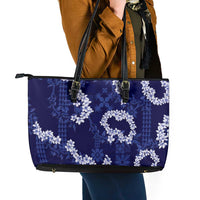 Mokihana Maile and Ilima Leis Leather Tote Bag Uliuli Hawaiian Tapa Quilt Pattern - Polynesian Pride