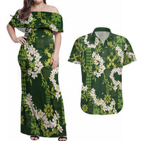 Mokihana Maile and Ilima Leis Couples Matching Off Shoulder Maxi Dress and Hawaiian Shirt Omaʻomaʻo Hawaiian Tapa Quilt Pattern - Polynesian Pride