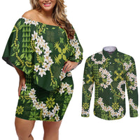 Mokihana Maile and Ilima Leis Couples Matching Off Shoulder Short Dress and Long Sleeve Button Shirt Omaʻomaʻo Hawaiian Tapa Quilt Pattern - Polynesian Pride