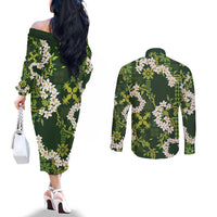 Mokihana Maile and Ilima Leis Couples Matching Off The Shoulder Long Sleeve Dress and Long Sleeve Button Shirt Omaʻomaʻo Hawaiian Tapa Quilt Pattern - Polynesian Pride