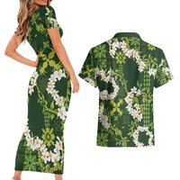Mokihana Maile and Ilima Leis Couples Matching Short Sleeve Bodycon Dress and Hawaiian Shirt Omaʻomaʻo Hawaiian Tapa Quilt Pattern - Polynesian Pride
