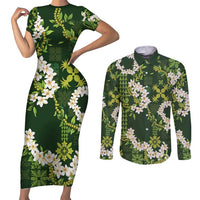 Mokihana Maile and Ilima Leis Couples Matching Short Sleeve Bodycon Dress and Long Sleeve Button Shirt Omaʻomaʻo Hawaiian Tapa Quilt Pattern - Polynesian Pride