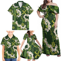 Mokihana Maile and Ilima Leis Family Matching Off Shoulder Maxi Dress and Hawaiian Shirt Omaʻomaʻo Hawaiian Tapa Quilt Pattern - Polynesian Pride
