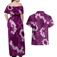 Mokihana Maile and Ilima Leis Couples Matching Off Shoulder Maxi Dress and Hawaiian Shirt Akala Hawaiian Tapa Quilt Pattern - Polynesian Pride