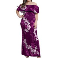 Mokihana Maile and Ilima Leis Off Shoulder Maxi Dress Akala Hawaiian Tapa Quilt Pattern - Polynesian Pride