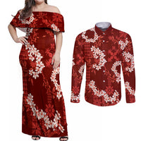Mokihana Maile and Ilima Leis Couples Matching Off Shoulder Maxi Dress and Long Sleeve Button Shirt Ulaʻula Hawaiian Tapa Quilt Pattern - Polynesian Pride