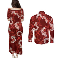 Mokihana Maile and Ilima Leis Couples Matching Puletasi and Long Sleeve Button Shirt Ulaʻula Hawaiian Tapa Quilt Pattern - Polynesian Pride