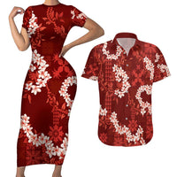 Mokihana Maile and Ilima Leis Couples Matching Short Sleeve Bodycon Dress and Hawaiian Shirt Ulaʻula Hawaiian Tapa Quilt Pattern - Polynesian Pride