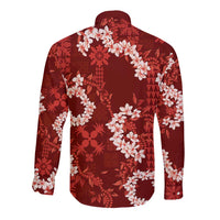 Mokihana Maile and Ilima Leis Long Sleeve Button Shirt Ulaʻula Hawaiian Tapa Quilt Pattern - Polynesian Pride