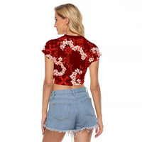 Mokihana Maile and Ilima Leis Raglan Cropped T Shirt Ulaʻula Hawaiian Tapa Quilt Pattern - Polynesian Pride