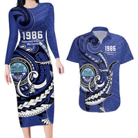 Personalized FSM 1986 Independence Day Couples Matching Long Sleeve Bodycon Dress and Hawaiian Shirt Polynesian Shark Tattoo Style
