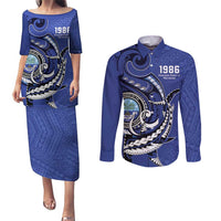 Personalized FSM 1986 Independence Day Couples Matching Puletasi and Long Sleeve Button Shirt Polynesian Shark Tattoo Style LT9 Blue - Polynesian Pride