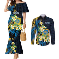 Personalised Tuvalu Beautiful Plumeria Flower Couples Matching Mermaid Dress and Long Sleeve Button Shirt LT9 Black - Polynesian Pride