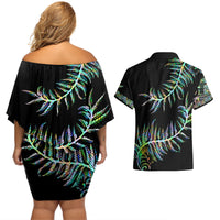 New Zealand Couples Matching Off Shoulder Short Dress and Hawaiian Shirt Aotearoa Silver Fern Mixed Papua Shell Green Vibe LT9 - Polynesian Pride