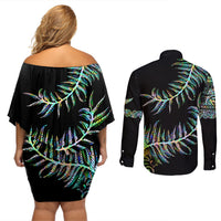 New Zealand Couples Matching Off Shoulder Short Dress and Long Sleeve Button Shirt Aotearoa Silver Fern Mixed Papua Shell Green Vibe LT9 - Polynesian Pride