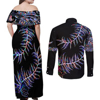 New Zealand Couples Matching Off Shoulder Maxi Dress and Long Sleeve Button Shirt Aotearoa Silver Fern Mixed Papua Shell Purple Vibe LT9 - Polynesian Pride