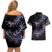 New Zealand Couples Matching Off Shoulder Short Dress and Hawaiian Shirt Aotearoa Silver Fern Mixed Papua Shell Purple Vibe LT9 - Polynesian Pride
