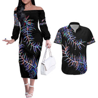 New Zealand Couples Matching Off The Shoulder Long Sleeve Dress and Hawaiian Shirt Aotearoa Silver Fern Mixed Papua Shell Purple Vibe LT9 Purple - Polynesian Pride