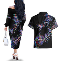 New Zealand Couples Matching Off The Shoulder Long Sleeve Dress and Hawaiian Shirt Aotearoa Silver Fern Mixed Papua Shell Purple Vibe LT9 - Polynesian Pride