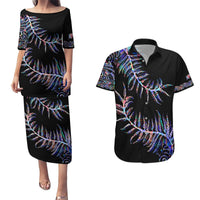 New Zealand Couples Matching Puletasi Dress and Hawaiian Shirt Aotearoa Silver Fern Mixed Papua Shell Purple Vibe LT9 Purple - Polynesian Pride