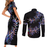 New Zealand Couples Matching Short Sleeve Bodycon Dress and Long Sleeve Button Shirt Aotearoa Silver Fern Mixed Papua Shell Purple Vibe LT9 - Polynesian Pride