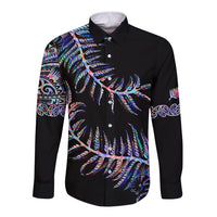 New Zealand Long Sleeve Button Shirt Aotearoa Silver Fern Mixed Papua Shell Purple Vibe LT9 Unisex Purple - Polynesian Pride