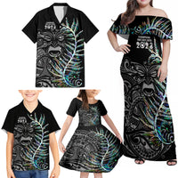 Custom New Zealand Rugby Family Matching Off Shoulder Maxi Dress and Hawaiian Shirt NZ Black Fern Champions History With Papua Shell LT9 - Polynesian Pride