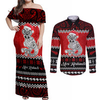 Personalised New Zealand Christmas Couples Matching Off Shoulder Maxi Dress and Long Sleeve Button Shirt Maori Tiki Meri Kirihimete LT9 Red - Polynesian Pride
