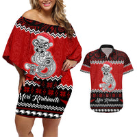 Personalised New Zealand Christmas Couples Matching Off Shoulder Short Dress and Hawaiian Shirt Maori Tiki Meri Kirihimete LT9 Red - Polynesian Pride