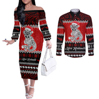 Personalised New Zealand Christmas Couples Matching Off The Shoulder Long Sleeve Dress and Long Sleeve Button Shirt Maori Tiki Meri Kirihimete LT9 Red - Polynesian Pride