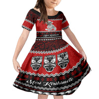 Personalised New Zealand Christmas Family Matching Puletasi Dress and Hawaiian Shirt Maori Tiki Meri Kirihimete LT9 Daughter's Dress Red - Polynesian Pride
