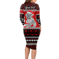 Personalised New Zealand Christmas Long Sleeve Bodycon Dress Maori Tiki Meri Kirihimete LT9 - Polynesian Pride