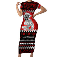 Personalised New Zealand Christmas Short Sleeve Bodycon Dress Maori Tiki Meri Kirihimete LT9 Long Dress Red - Polynesian Pride