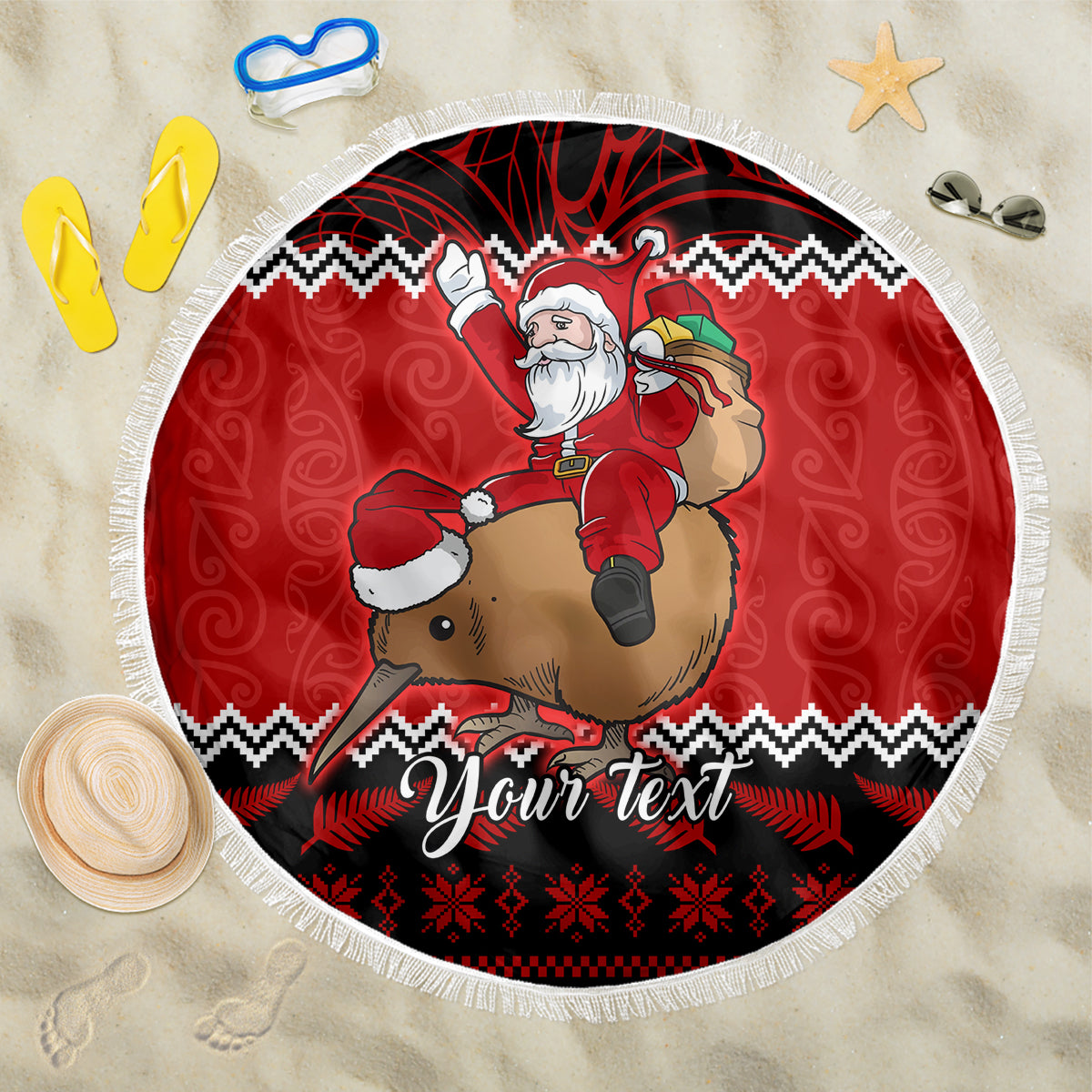 Personalised New Zealand Christmas Beach Blanket Kiwi Santa Claus Maori Meri Kirihimete LT9 One Size 150cm Red - Polynesian Pride