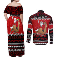 Personalised New Zealand Christmas Couples Matching Off Shoulder Maxi Dress and Long Sleeve Button Shirt Kiwi Santa Claus Maori Meri Kirihimete LT9 - Polynesian Pride