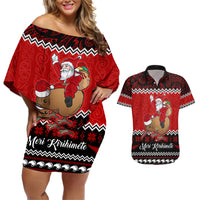 Personalised New Zealand Christmas Couples Matching Off Shoulder Short Dress and Hawaiian Shirt Kiwi Santa Claus Maori Meri Kirihimete LT9 Red - Polynesian Pride