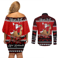 Personalised New Zealand Christmas Couples Matching Off Shoulder Short Dress and Long Sleeve Button Shirt Kiwi Santa Claus Maori Meri Kirihimete LT9 - Polynesian Pride